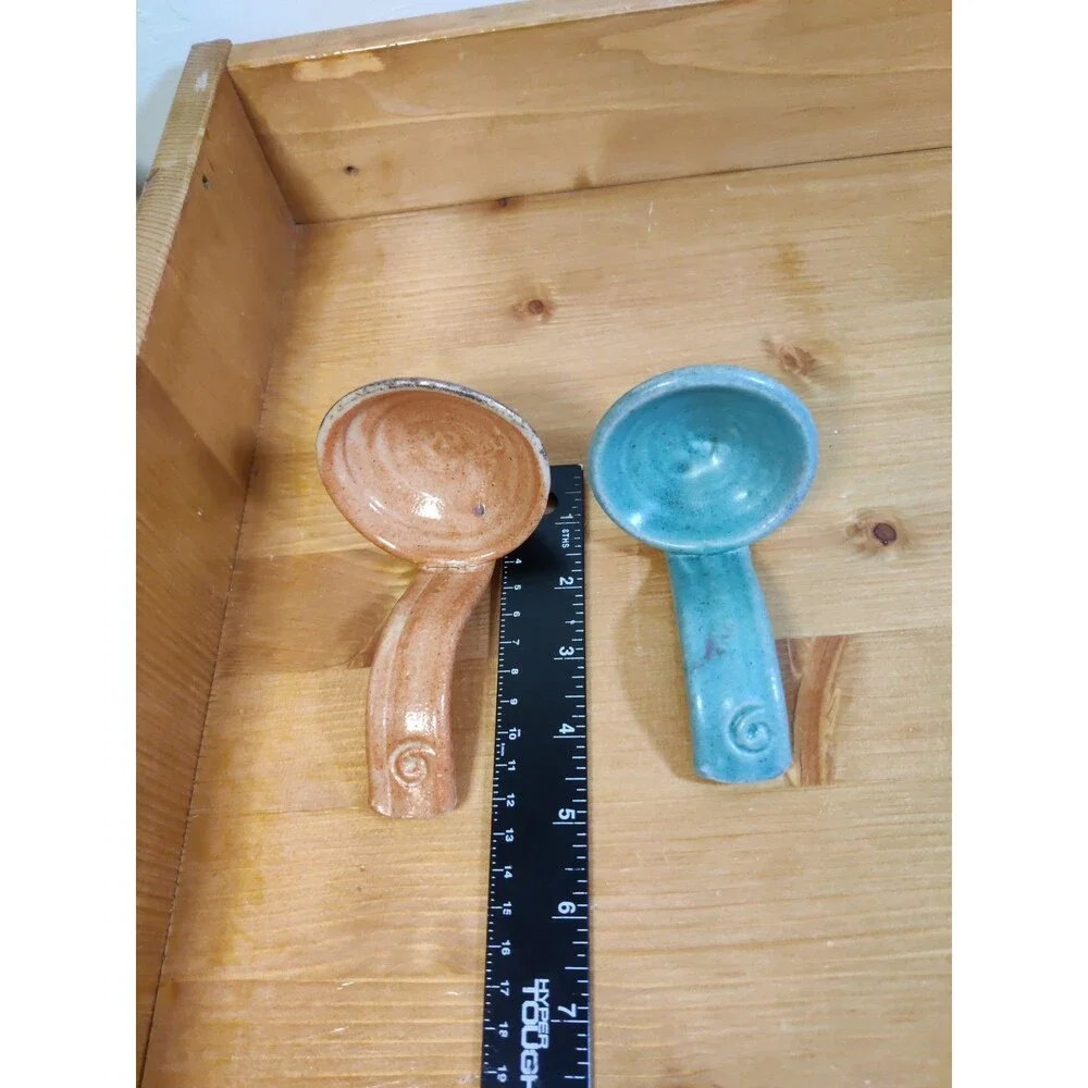 Lot Of 2 Hopi Pottery Ladle Spoon Set Beautifully Shaped Polished Peach Blue